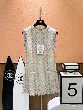 Authentic CHANEL Pastel Tweed Sleeveless Mini Dress